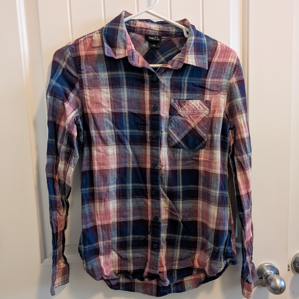 Rue21 Women's Plaid Button-Down Shirt - Blue and Pink